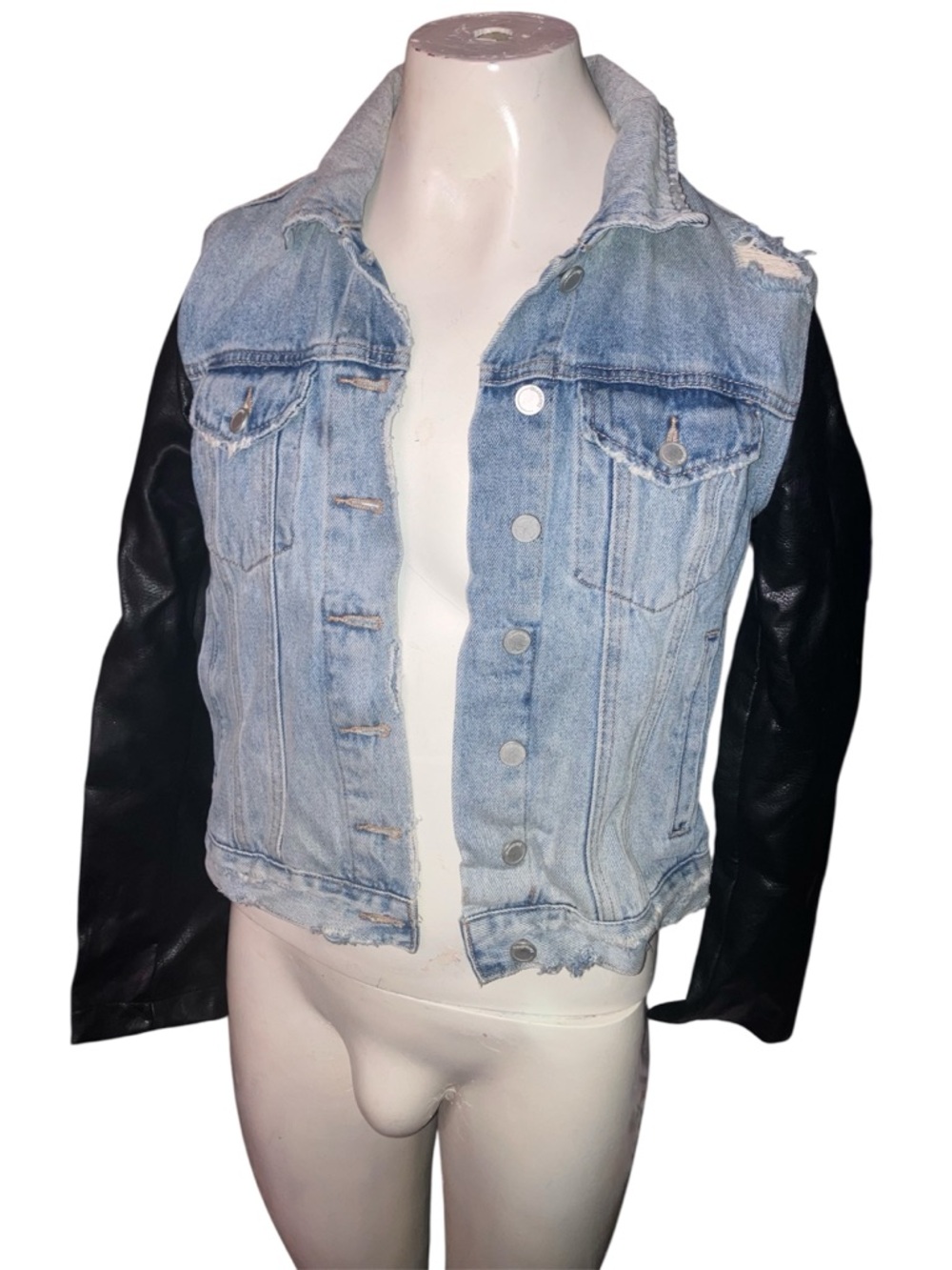 Blank NYC Light Blue Denim Jacket with Black Faux Leather Sleeves